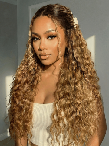 Perruque Lace Front 13x4 HD — Ondulée Ombré Blond Miel |