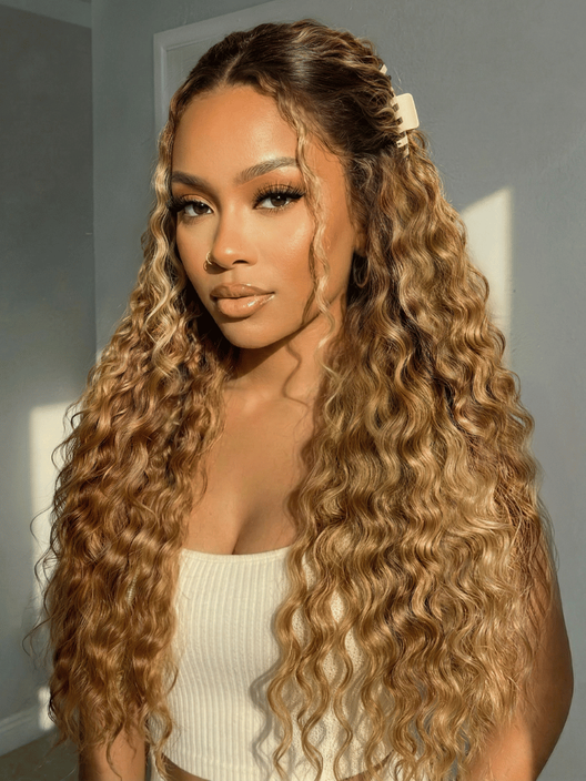 Perruque Lace Front 13x4 HD — Ondulée Ombré Blond Miel |