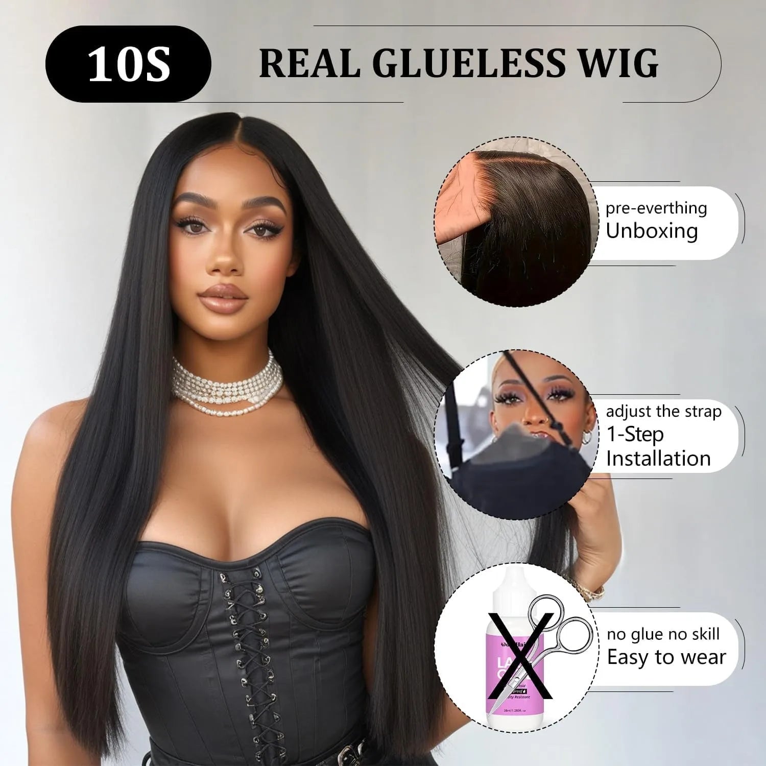 Perruque Noire Sans Colle Lisse