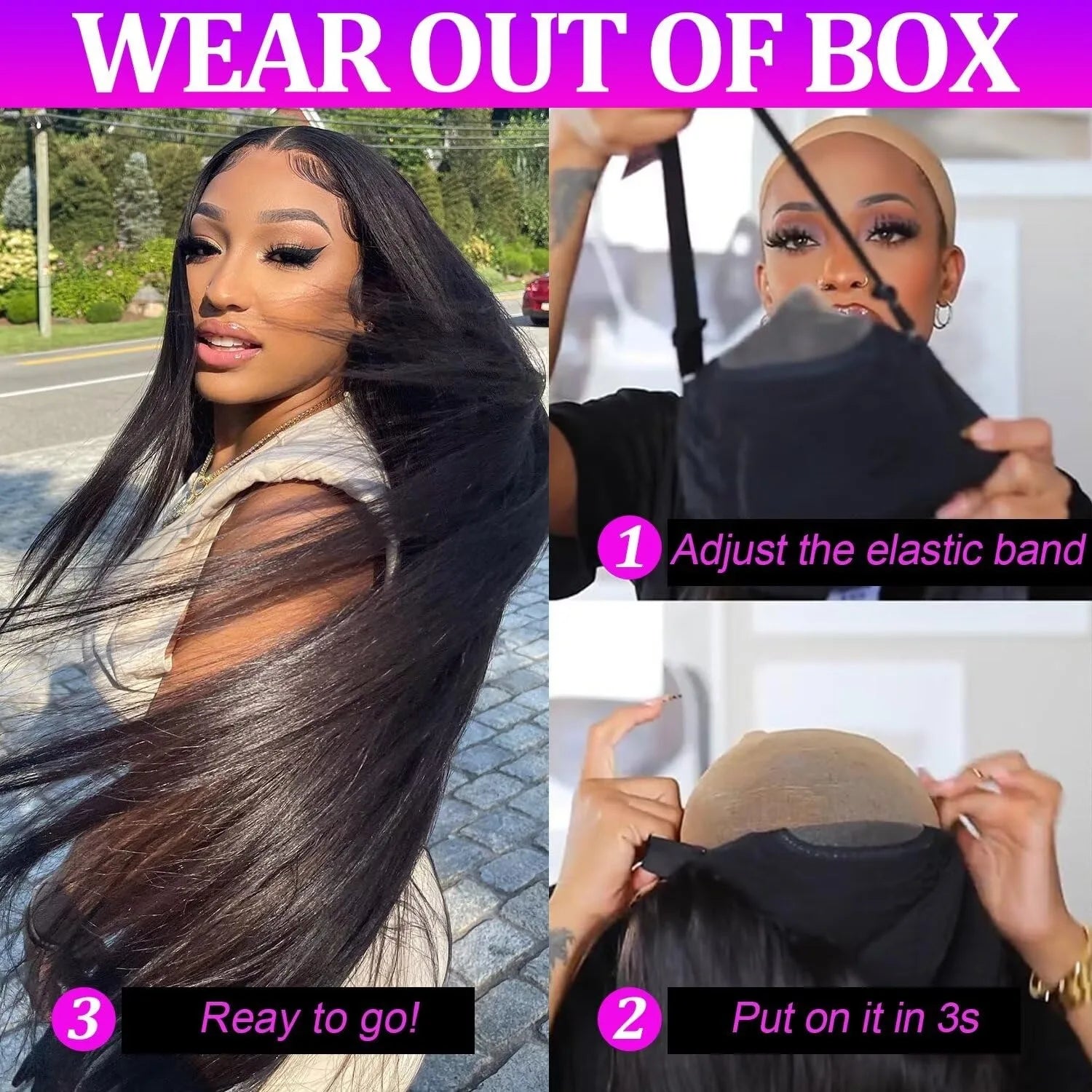 Perruque Noire Sans Colle Lisse